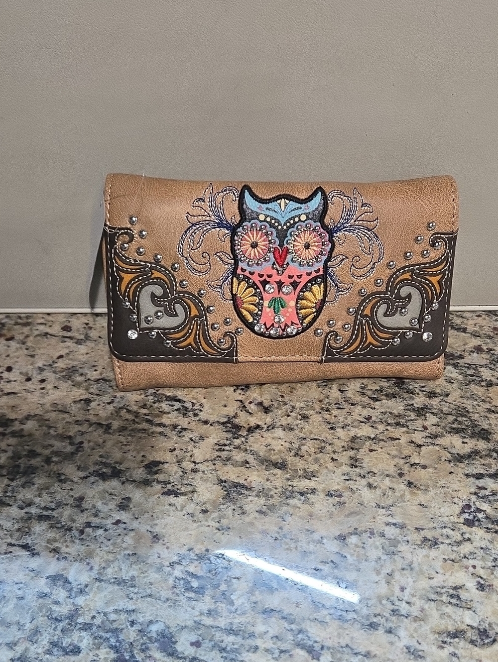 Tan Owl Embroidered Wallet Clutch - Women Accessories